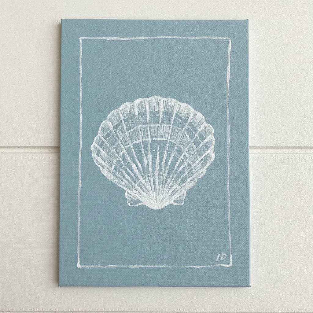 Canvas panel coastalpainting with a white shell design on a blue textured background
