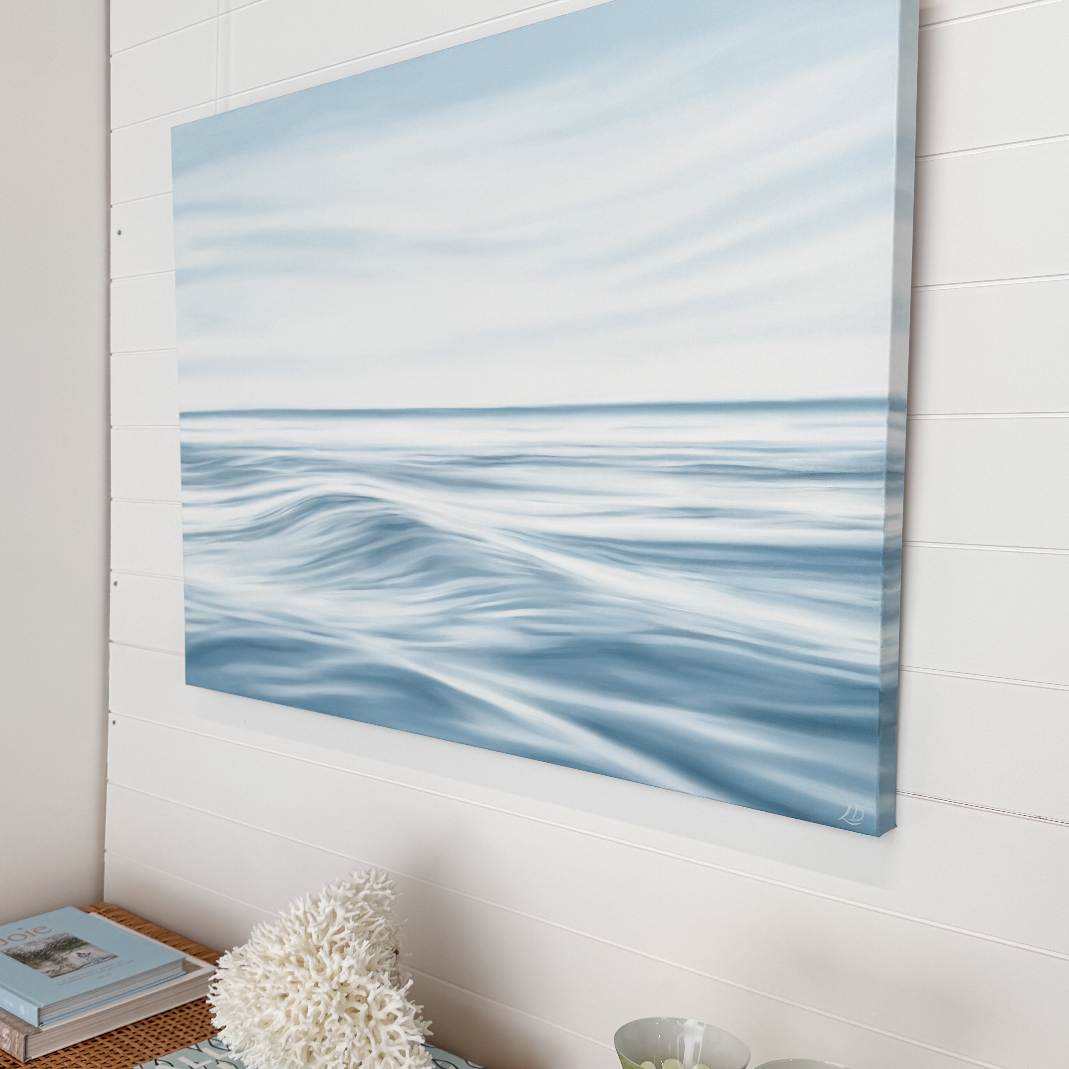 Side view of the gallery-wrapped Calming Seas original oil painting on canvas.