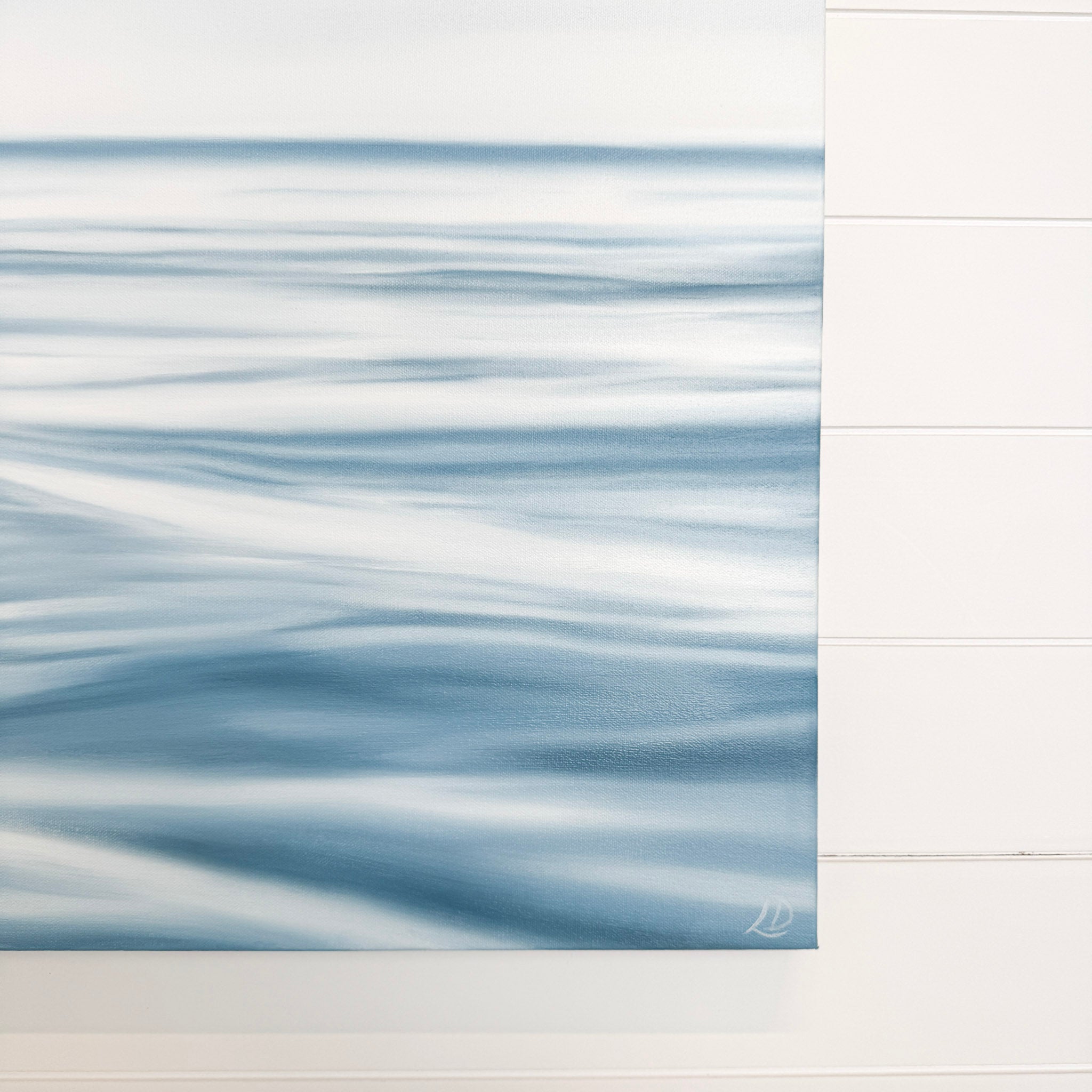 Close-up showing the rich texture and brushwork of the Calming Seas original oil painting.