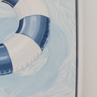 Close-up detail of original oil painting showing shimmering water reflections and blue and white pool float.