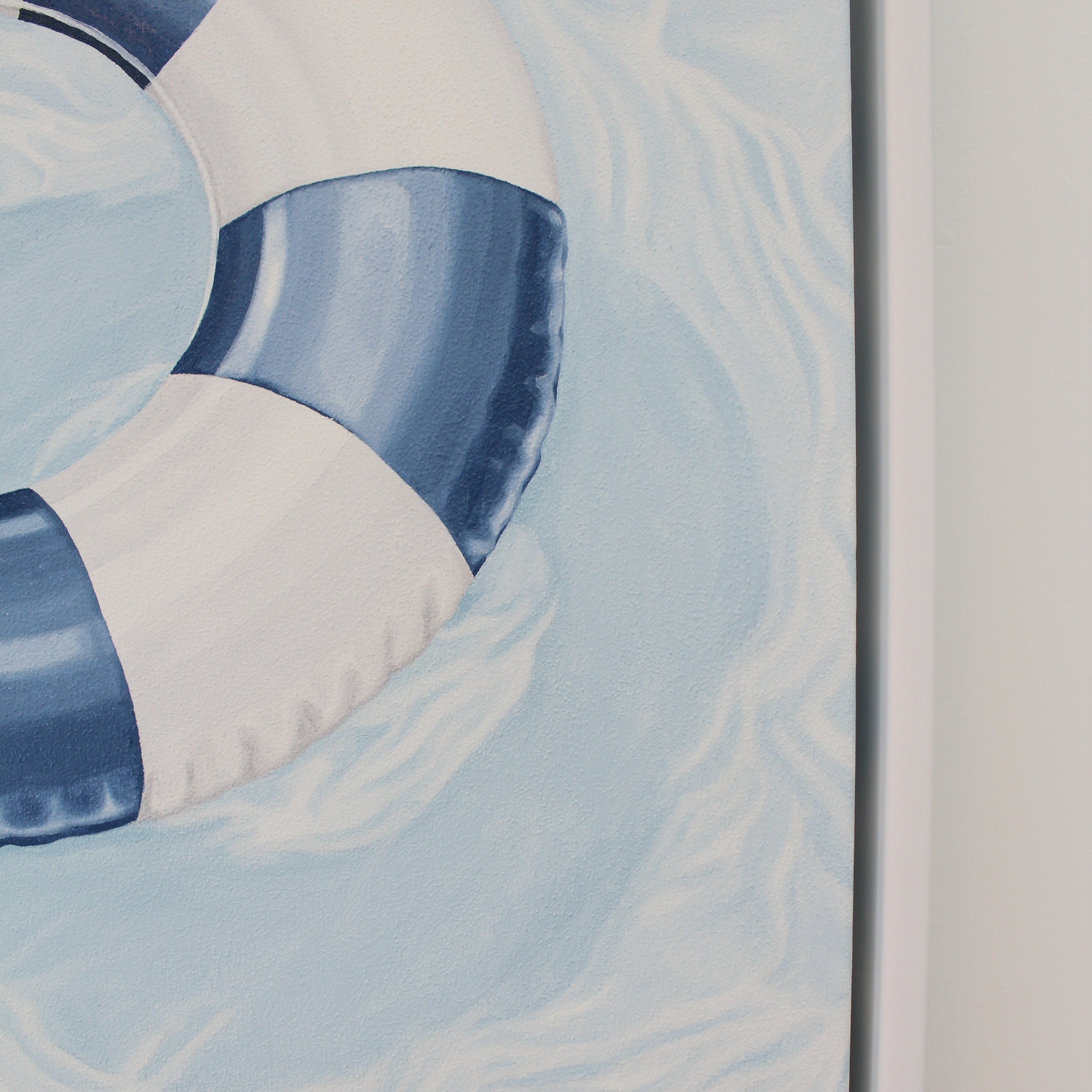Close-up detail of original oil painting showing shimmering water reflections and blue and white pool float.