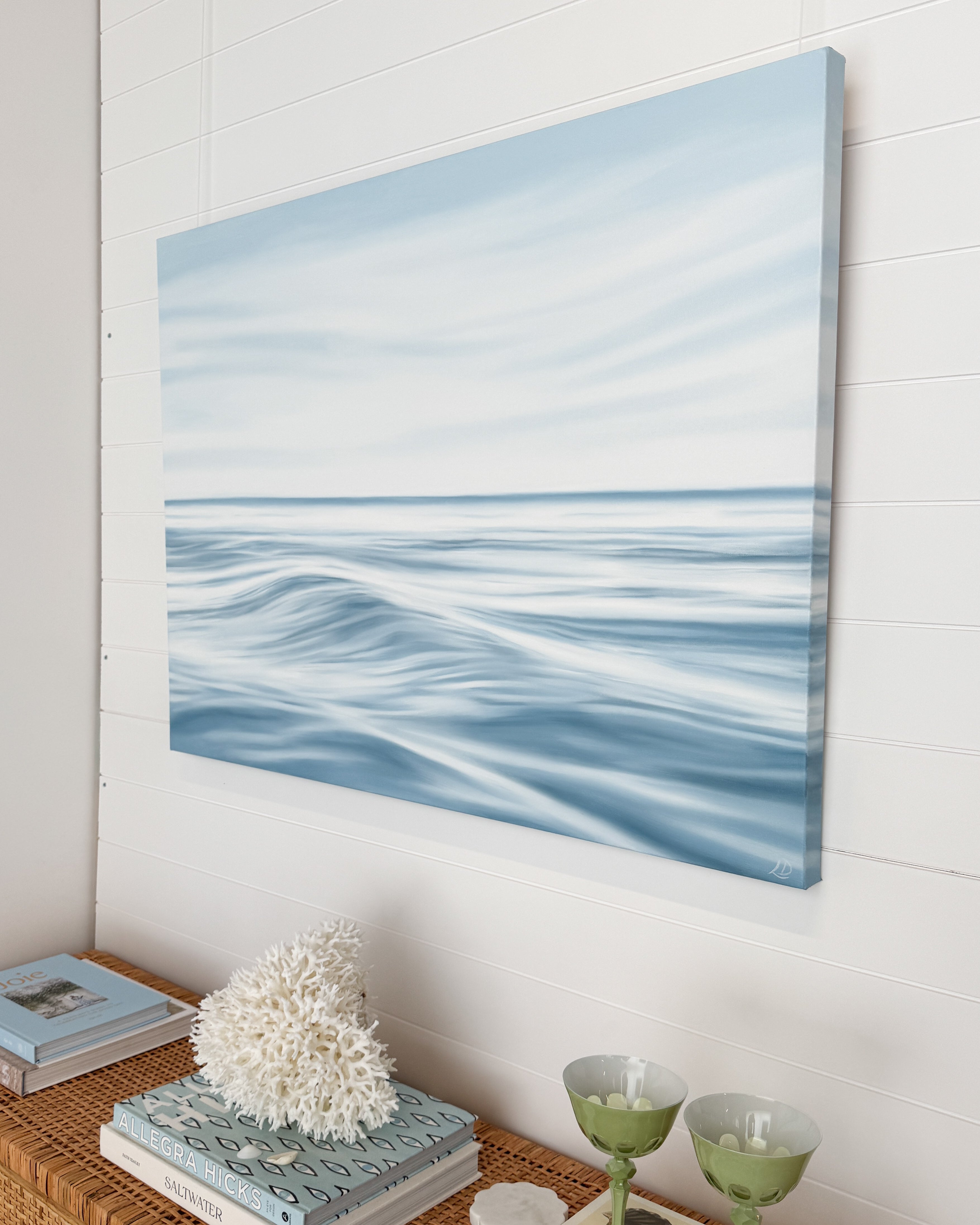 Side view of the gallery-wrapped Calming Seas original oil painting on canvas.
